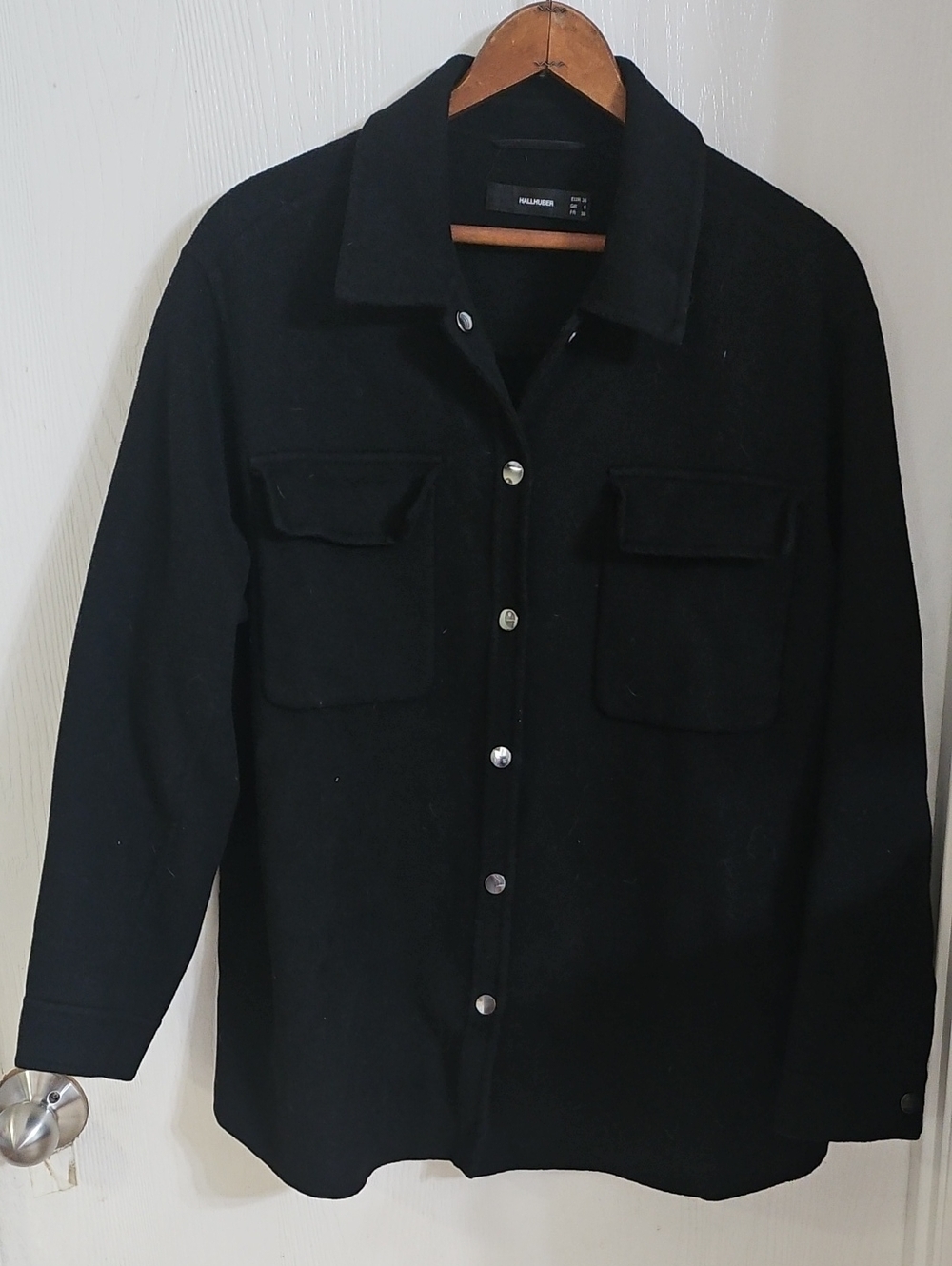Men's Black Wool-Blend Shirt Jacket with Snap Front